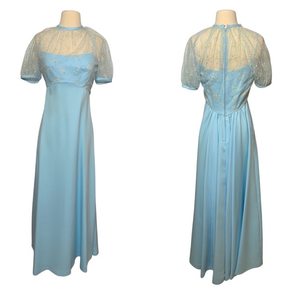 Vintage 1950’s/60’s Baby Blue Sheer Floral Lace Embroidered Overlay Prom Dress - Picture 2 of 16